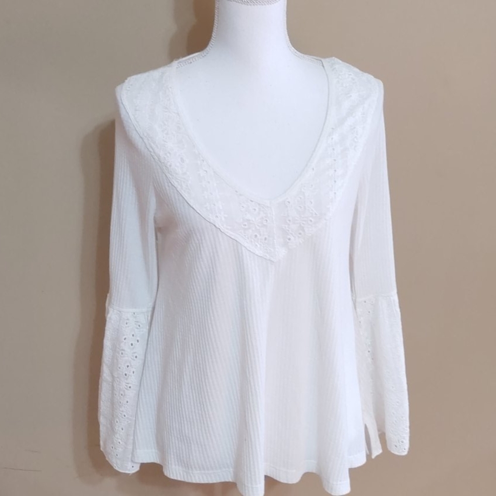 Free People White Bell Sleeve Eyelet Top